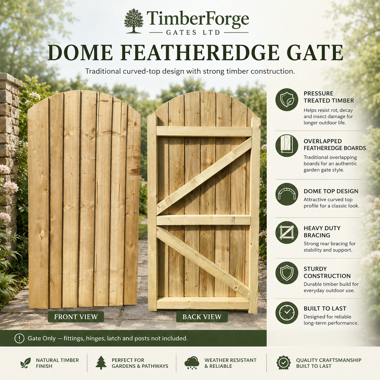 Dome Top Feather Edge Garden Gate 180 cm High(6ft) Pressure Treated Timber