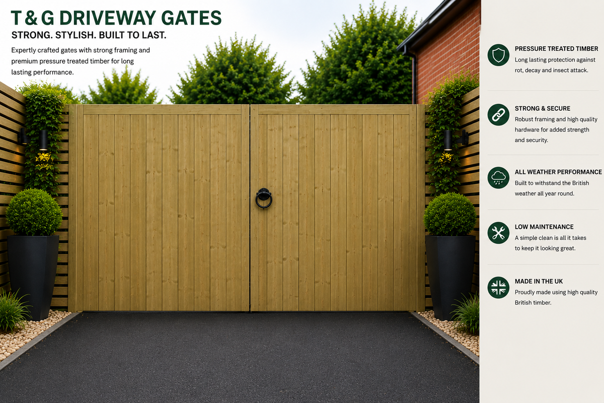 T&G Wooden Driveway Gates –  Double Gates | 180cm High | Multiple Widths
